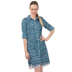 White And Blue Brick Wall Long Sleeve Mini Shirt Dress by Azkajaya