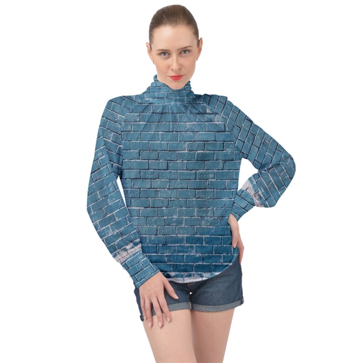 White And Blue Brick Wall High Neck Long Sleeve Chiffon Top