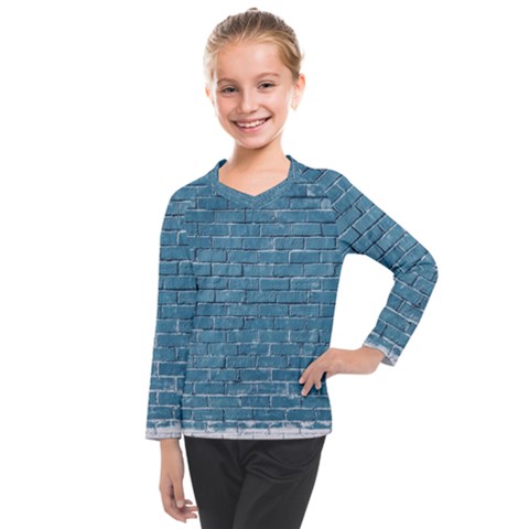 White And Blue Brick Wall Kids  Long Mesh T-shirt by Azkajaya