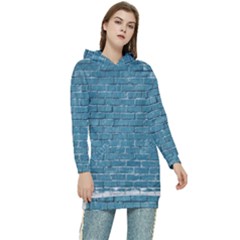 White And Blue Brick Wall Women s Long Oversized Pullover Hoodie