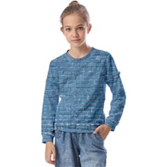 White And Blue Brick Wall Kids  Long Sleeve T-shirt With Frill 