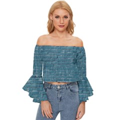 White And Blue Brick Wall Off Shoulder Flutter Bell Sleeve Top