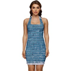 White And Blue Brick Wall Sleeveless Wide Square Neckline Ruched Bodycon Dress by Azkajaya