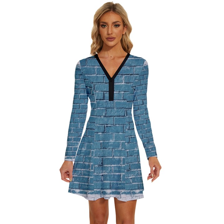 White And Blue Brick Wall Long Sleeve Deep V Mini Dress 