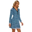 White And Blue Brick Wall Long Sleeve Deep V Mini Dress  View3