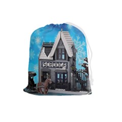 Winter Village Snow Brick Buildings Drawstring Pouch (large) by Azkajaya