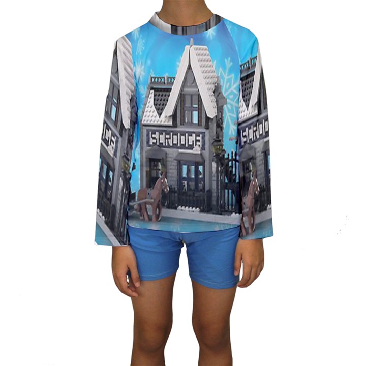 Winter Village Snow Brick Buildings Kids  Long Sleeve Swimwear