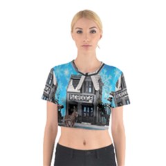 Winter Village Snow Brick Buildings Cotton Crop Top by Azkajaya