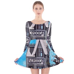 Winter Village Snow Brick Buildings Long Sleeve Velvet Skater Dress