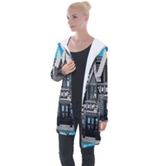 Winter Village Snow Brick Buildings Longline Hooded Cardigan by Azkajaya