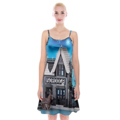 Winter Village Snow Brick Buildings Spaghetti Strap Velvet Dress