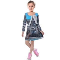 Winter Village Snow Brick Buildings Kids  Long Sleeve Velvet Dress by Azkajaya