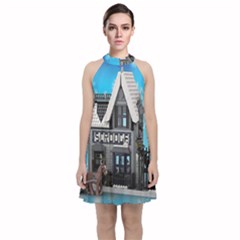 Winter Village Snow Brick Buildings Velvet Halter Neckline Dress 