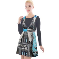 Winter Village Snow Brick Buildings Plunge Pinafore Velour Dress by Azkajaya