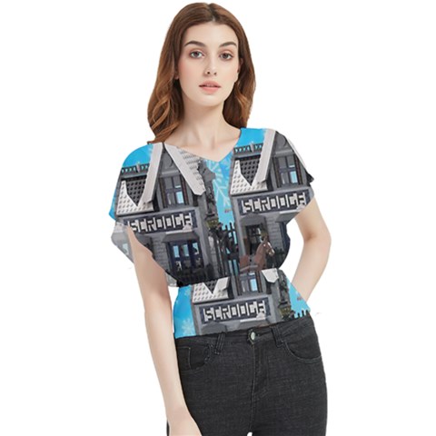 Winter Village Snow Brick Buildings Butterfly Chiffon Blouse by Azkajaya