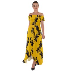 Yellow Regal Filagree Pattern Off Shoulder Open Front Chiffon Dress