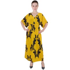 Yellow Regal Filagree Pattern V-neck Boho Style Maxi Dress by Azkajaya