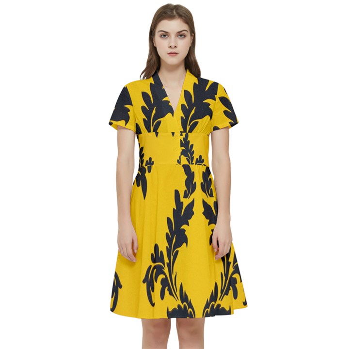 Yellow Regal Filagree Pattern Short Sleeve Waist Detail Dress