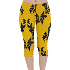 Yellow Regal Filagree Pattern Velvet Capri Leggings  by Azkajaya