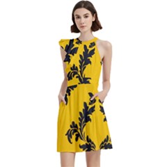 Yellow Regal Filagree Pattern Cocktail Party Halter Sleeveless Dress With Pockets by Azkajaya