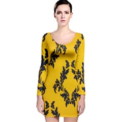 Yellow Regal Filagree Pattern Long Sleeve Velvet Bodycon Dress