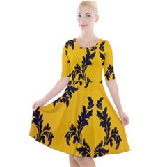 Yellow Regal Filagree Pattern Quarter Sleeve A-line Dress With Pockets