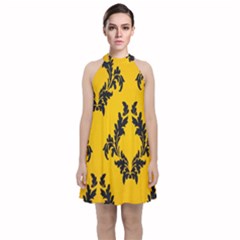 Yellow Regal Filagree Pattern Velvet Halter Neckline Dress 