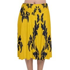 Yellow Regal Filagree Pattern Velvet Flared Midi Skirt