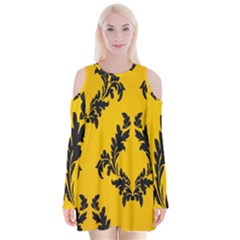 Yellow Regal Filagree Pattern Velvet Long Sleeve Shoulder Cutout Dress