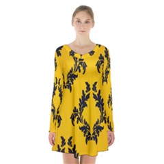 Yellow Regal Filagree Pattern Long Sleeve Velvet V-neck Dress