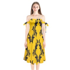 Yellow Regal Filagree Pattern Shoulder Tie Bardot Midi Dress by Azkajaya