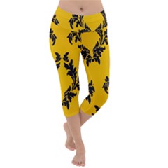 Yellow Regal Filagree Pattern Lightweight Velour Capri Yoga Leggings by Azkajaya