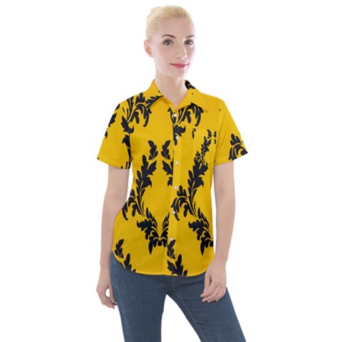 Yellow Regal Filagree Pattern Women s Short Sleeve Pocket Shirt by Azkajaya