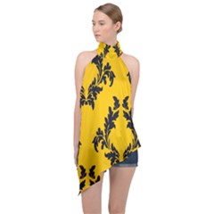 Yellow Regal Filagree Pattern Halter Asymmetric Satin Top