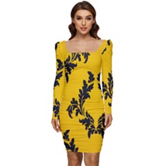 Yellow Regal Filagree Pattern Women Long Sleeve Ruched Stretch Jersey Dress