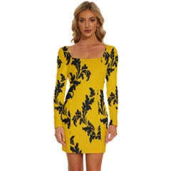 Yellow Regal Filagree Pattern Long Sleeve Square Neck Bodycon Velvet Dress by Azkajaya