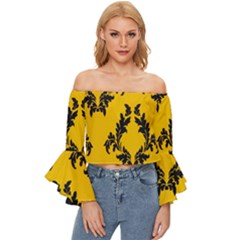 Yellow Regal Filagree Pattern Off Shoulder Flutter Bell Sleeve Top