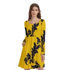 Yellow Regal Filagree Pattern Long Sleeve Knee Length Skater Dress With Pockets by Azkajaya