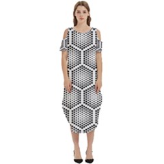 Halftone Tech Hexagons Seamless Pattern Cold Shoulder Loose Fit Dress With Pockets