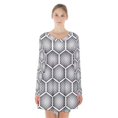 Halftone Tech Hexagons Seamless Pattern Long Sleeve Velvet V-neck Dress