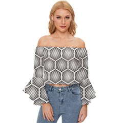 Halftone Tech Hexagons Seamless Pattern Off Shoulder Flutter Bell Sleeve Top