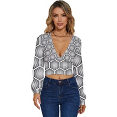 Halftone Tech Hexagons Seamless Pattern Long Sleeve Deep-v Velour Top by Ket1n9