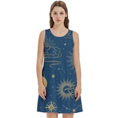 Seamless Galaxy Pattern Round Neck Sleeve Casual Dress With Pockets