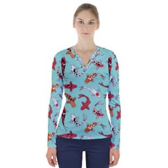 Pattern With Koi Fishes V-neck Long Sleeve Top by Ket1n9