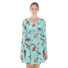 Pattern With Koi Fishes Long Sleeve Velvet V-neck Dress