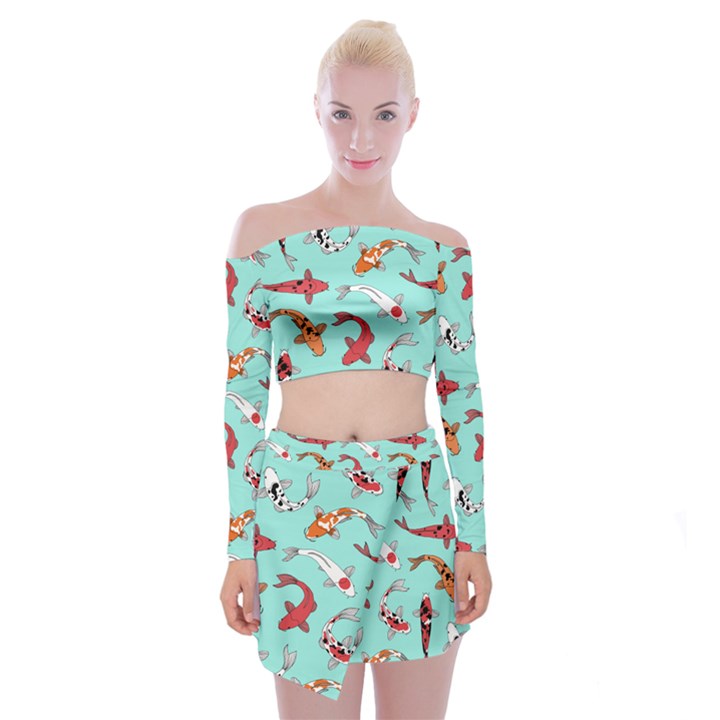 Pattern With Koi Fishes Off Shoulder Top with Mini Skirt Set