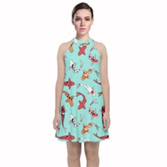 Pattern With Koi Fishes Velvet Halter Neckline Dress 