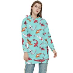 Pattern With Koi Fishes Women s Long Oversized Pullover Hoodie