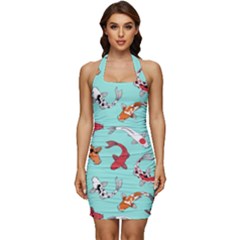 Pattern With Koi Fishes Sleeveless Wide Square Neckline Ruched Bodycon Dress by Ket1n9