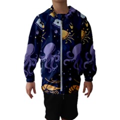 Marine Seamless Pattern Thin Line Memphis Style Kids  Hooded Windbreaker